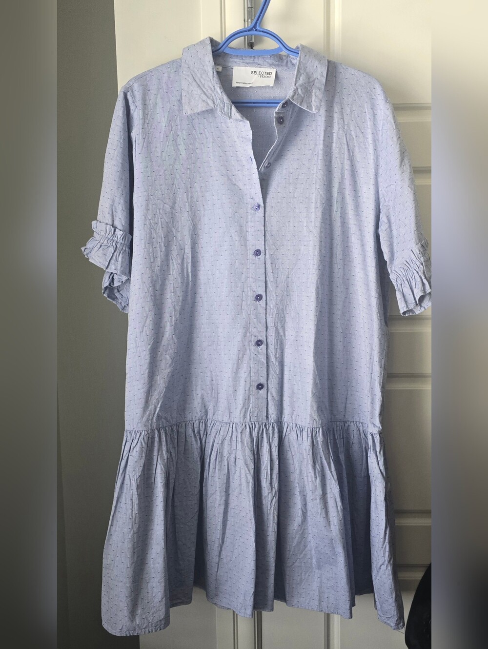 Selected Femme Light Blue Button-Front Ruffle Hem Dress